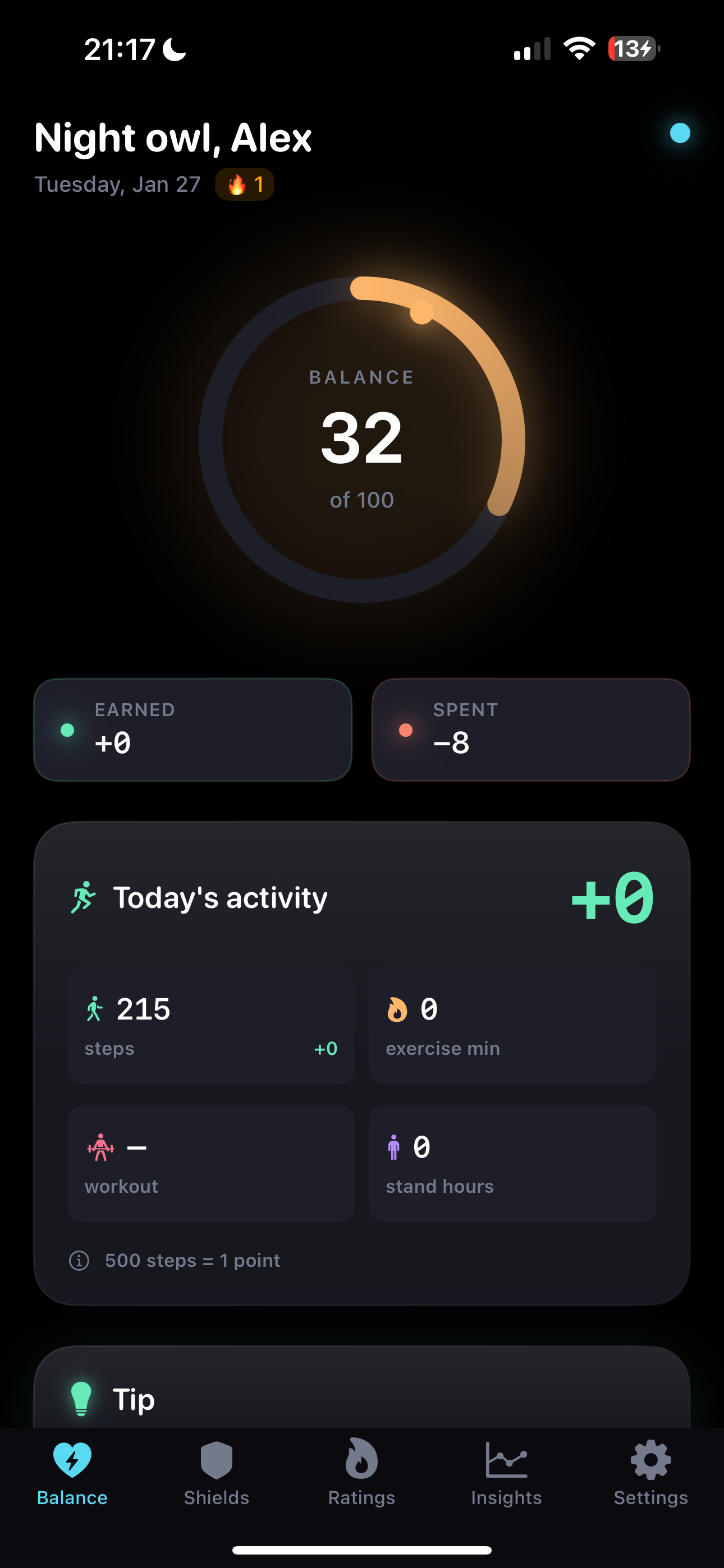 Stimulus App - Balance screen showing 40 points